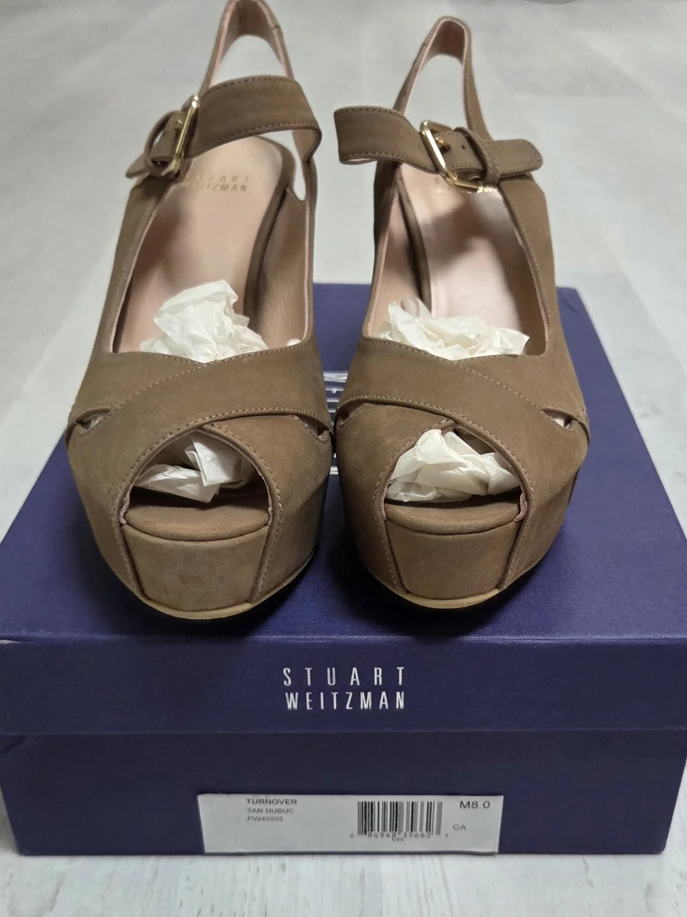 Stuart Weitzman Taupe Suede Platform Peep-Toe Slingbacks